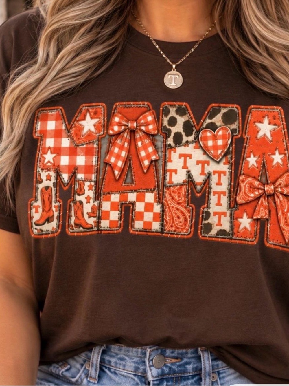 Gildan Brown Tee with Orange Patchwork "MAMA" Graphic